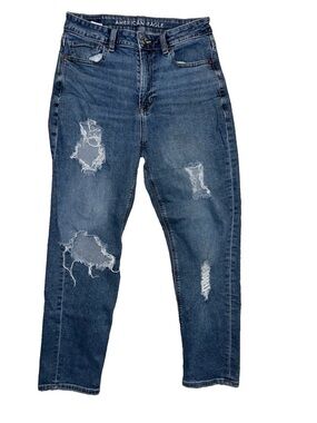 American Eagle Outfitters Mom Jeans in Dark Blue Distressed Wash Size 6R